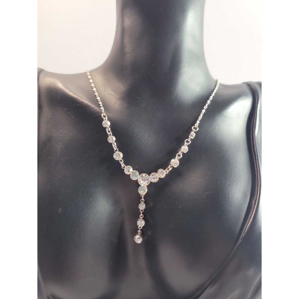 Silver Tone Clear Rhinestone Y Drop Necklace Lariat Bridal Prom Statement